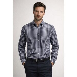 Luciano Barbera Button‎ Down Shirt Mens Medium Navy Blue Plaid Luxury Italian